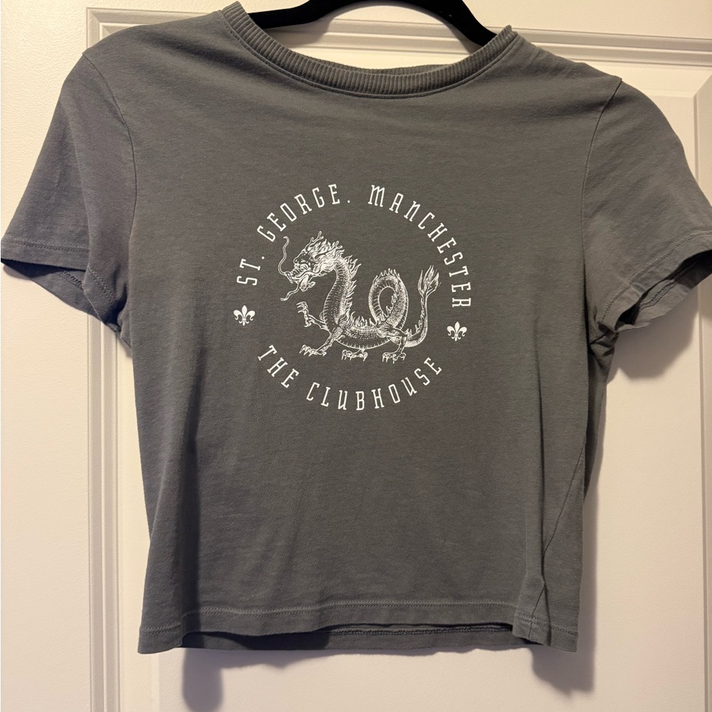 Divided Cropped Charcoal Tee with Dragon Graphic